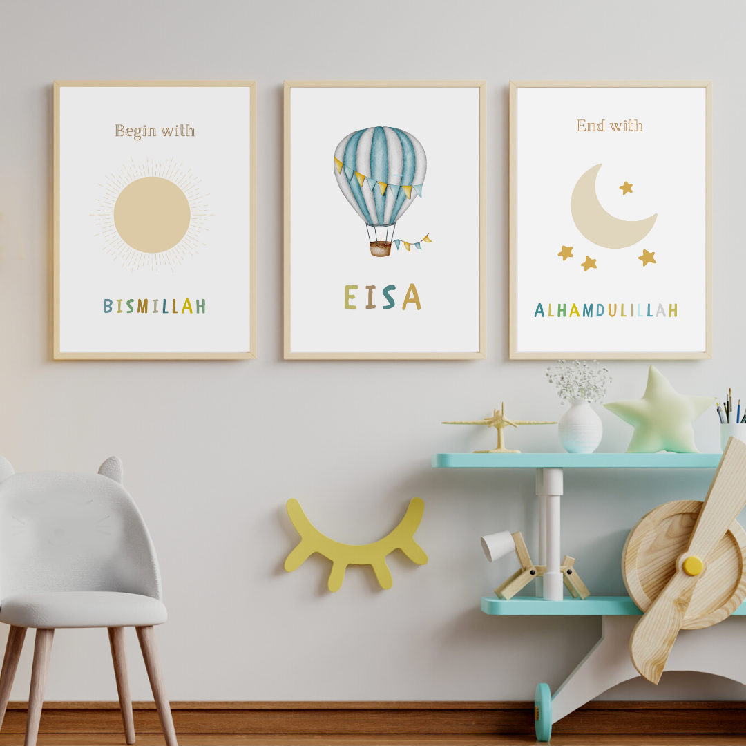 Set of 3 Personalised Boys Islamic Wall Art Prints Bedroom Bismillah Alhamdulillah
