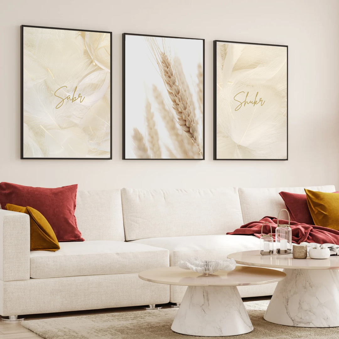 Set of 3 Neutral Beige Sabr, Shukr, Pampas Islamic Posters