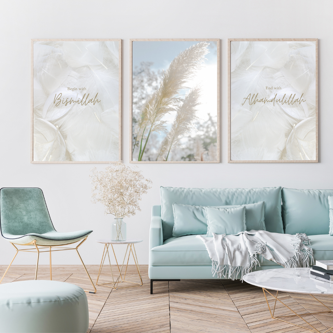 Set of 3 Neutral Begin Bismillah and End Alhamdulillah Feather Islamic Wall Art Prints