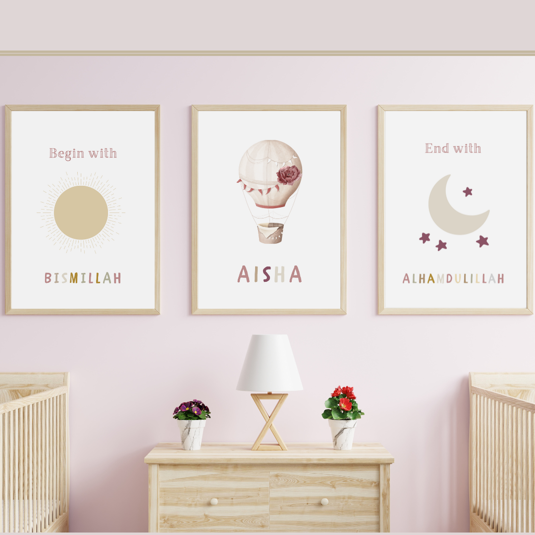 Set of 3 Children's Girls Islamic Wall Art Prints Bedroom Begin with Bismillah, End with Alhamdulillah