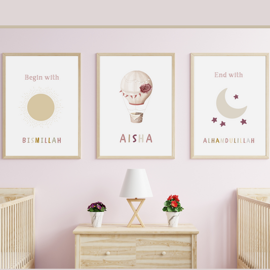 Set of 3 Children's Girls Islamic Wall Art Prints Bedroom Begin with Bismillah, End with Alhamdulillah