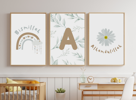 Set of 3 Children's Girls Islamic Wall Art Prints Sage Boho Bedroom Begin with Bismillah, End with Alhamdulillah