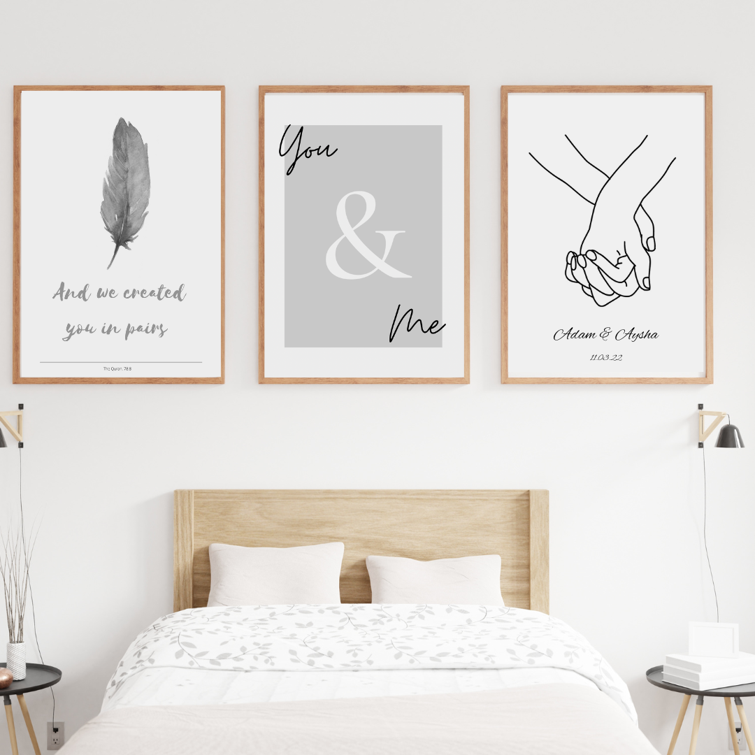 Set of 3 Grey Personalised Muslim Couple Modern Islamic Prints