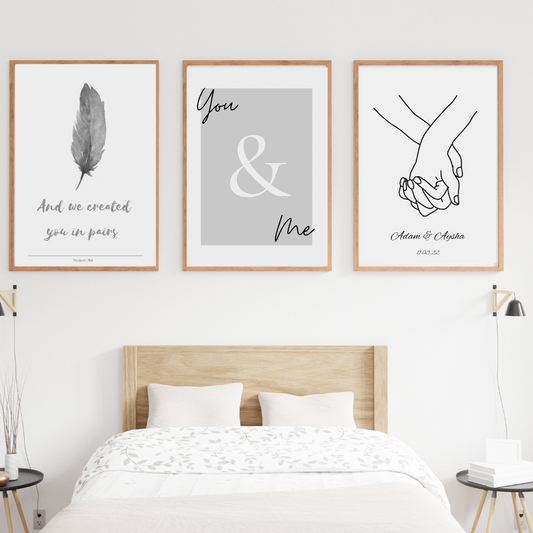 Set of 3 Grey Personalised Muslim Couple Modern Islamic Prints