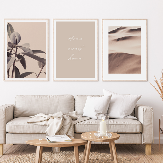 Set of 3 Neutral Beige Home Sweet Home, Sand, Botanical Wall Art Prints